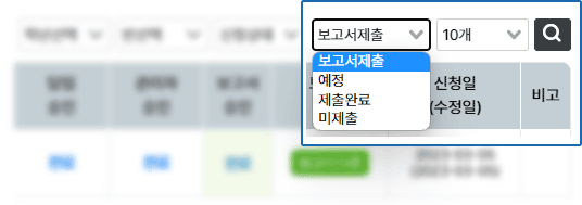 보고서 제출 여부를 확인할 수 있는 화면